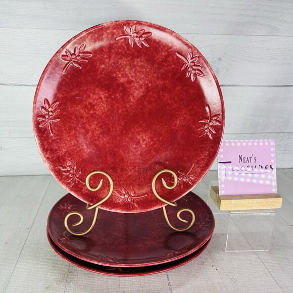 Sonoma Home WINTER FIELDSRed Embossed Flowers Stoneware Dinner Plates Set 3